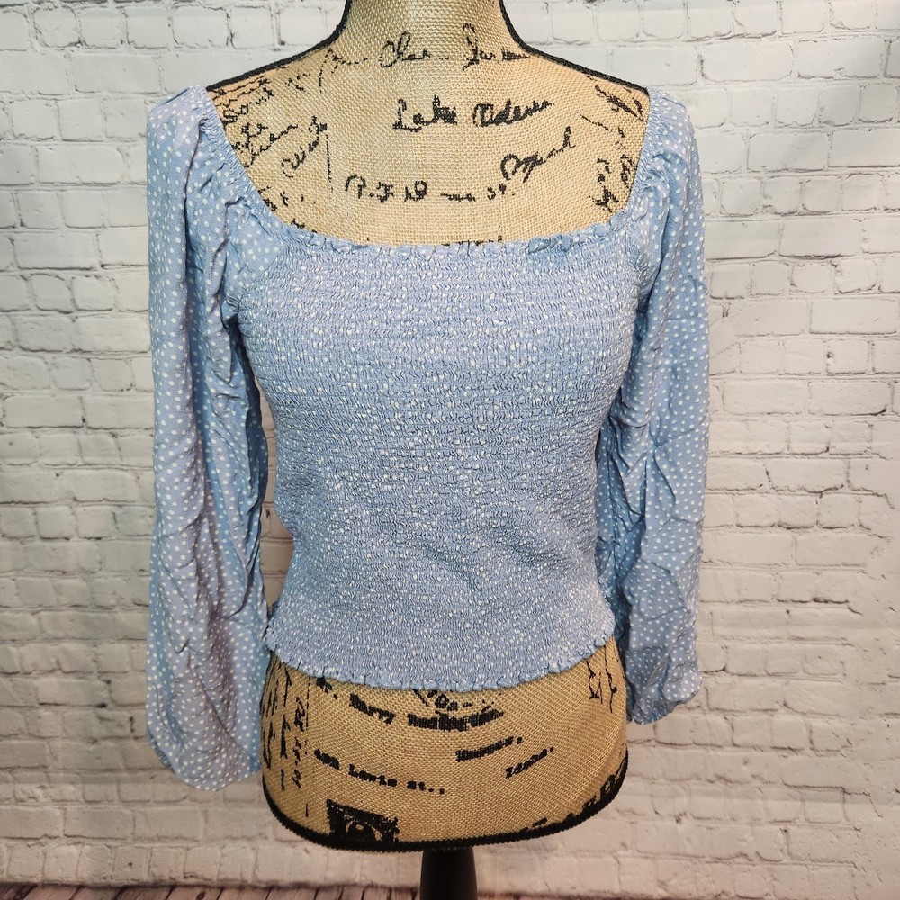 American Eagle Baby Blue and White Polka Dot Smocked Long Sleeve Top Size L